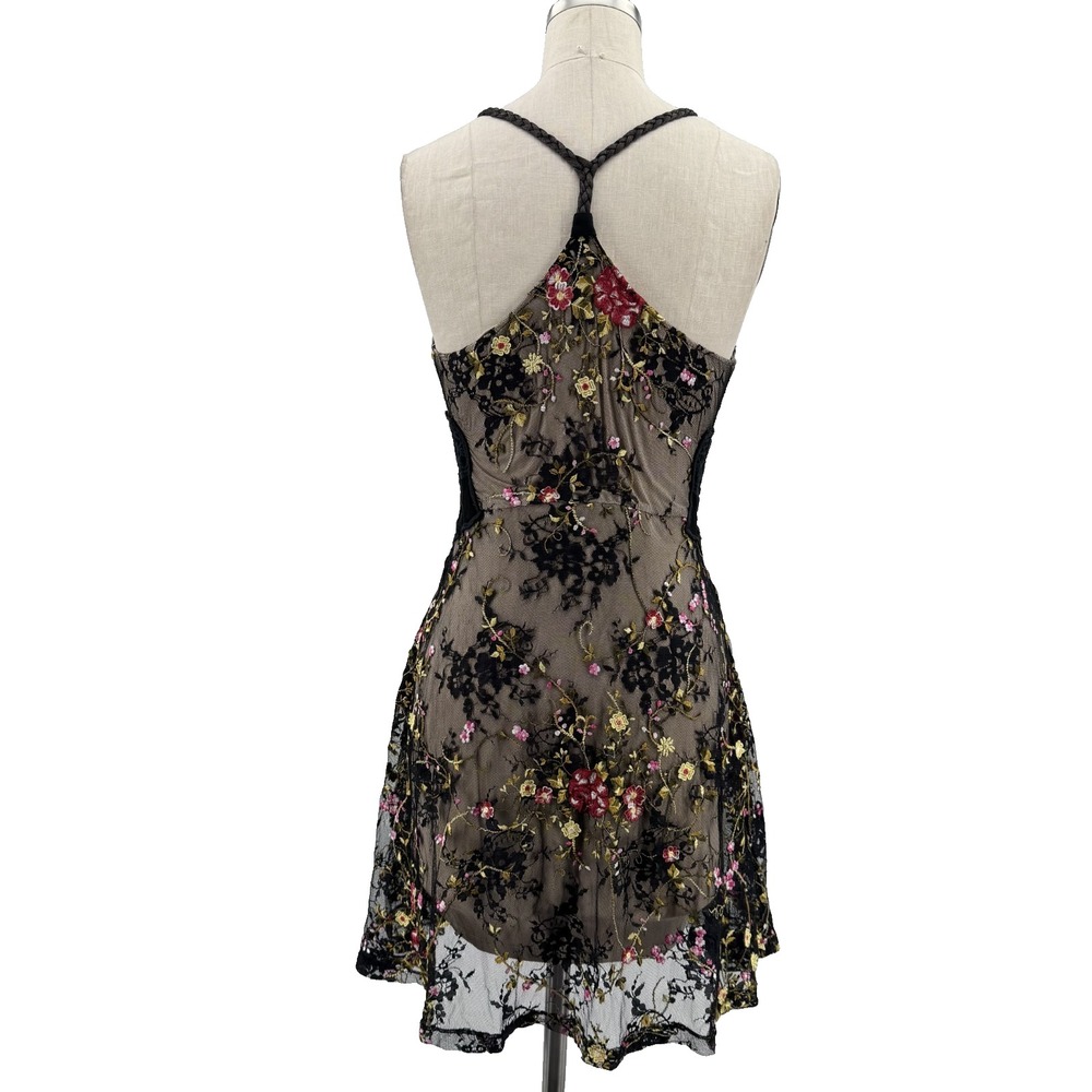 Sky Mini Dress Corset Womens S Black Floral Embroidered Lace Mesh Y2K Made USA - Picture 3 of 13